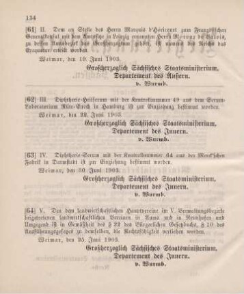 62. Ministerialbekanntmachung, betreffend Einziehung von Diphtherie-Serum