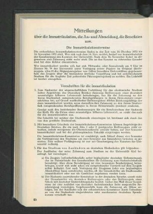 Mitteilungen über die Immatrikulation, die An- und Abmeldung, die Benefizien usw.