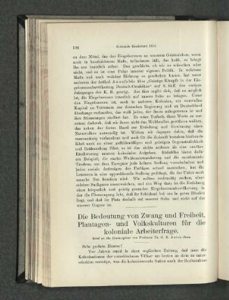 Die Bedeutung von Zwang und Freiheit, Plantagen- und Volkskulturen für die koloniale Arbeiterfrage.