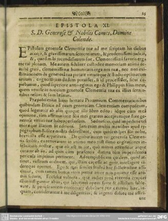Epistola XI. S.D. Generose & Nobilis Comes, Domine Colende