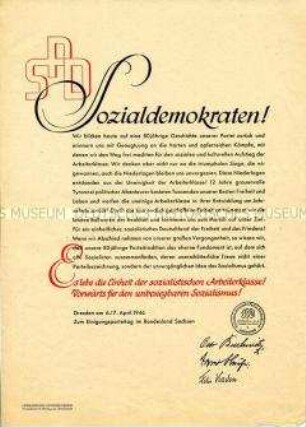 Flugblatt der sächsischen SPD zur Begrüßung der Vereinigung der Arbeiterparteien