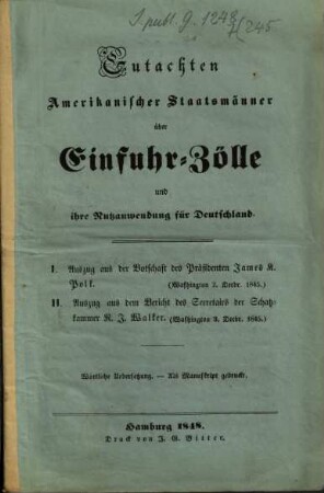 Gutachten amerikanischer Staatsmänner über Einfuhr-Zölle