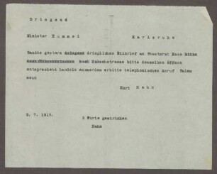 Schreiben von Kurt Hahn an Hermann Hummel; Schreiben an Ludwig Haas und Bitte um einen Anruf in Salem