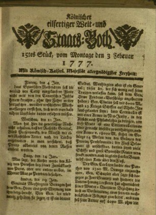 Kölnischer eilfertiger Welt- und Staats-Both. 1777-1777