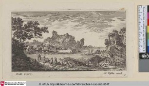 [Ein Hafen mit einer Werft im Vordergrund, Steinbrücke und Festung im Hintergrund; A port, shipyard in right foreground, stone bridge and bastion in background]