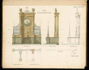 Altar Monatskonkurrenz Februar 1878: Grundriss auf zwei Ebenen, Aufriss Vorderansicht, Seitenansicht, Vertikalschnitt; Maßstabsleiste