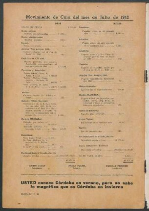 Movimiento de Caja del mes de Julio de 1942