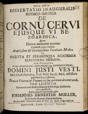 Dissertatio Inauguralis Physico-Medica De Cornu Cervi Ejusque Vi Bezoardica