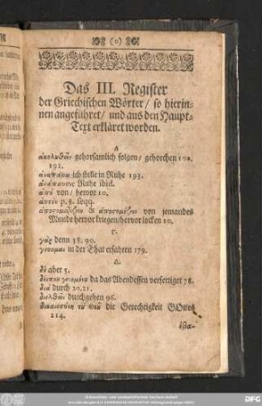 Das III. Register der Griechischen Wörter/ so hierinnen angeführet/ und aus den Haupt-Text erkläret worden.