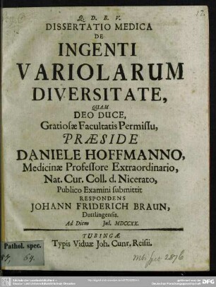Dissertatio Medica De Ingenti Variolarum Diversitate