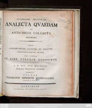 Schediasma Inavgvrale Analecta Qvaedam Ex Antichresi Collecta Promens
