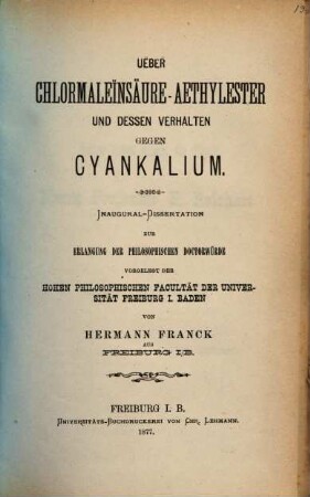 Ueber Chlormaleïnsäure-Aethylester und dessen Verhalten gegen Cyankalium : Inaug. Diss.