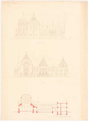 Dominikanerkloster, Luxemburg: Seitenansicht, Vorderansicht und Schnitt 1:200