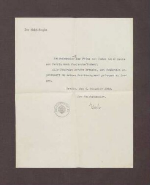 Schreiben von Friedrich Ebert; Passierschein für Prinz Max von Baden