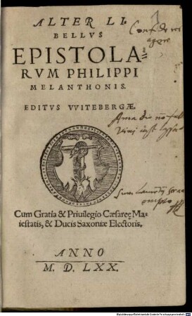 Epistolarvm Philippi Melanthonis Liber ..., 2. Alter Libellus epistolarum Philippi Melanthonis