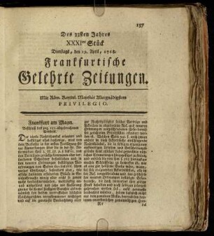 XXXItes Stück Dienstags, den 19. April, 1768. - XLtes Stück Freytags, den 20. May, 1768.