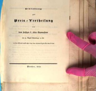 Einladung zur Preis-Vertheilung an dem hiesigen K. Alten Gymnasium. 1829