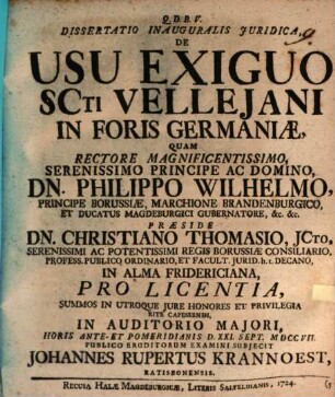 Dissertatio Inauguralis Juridica, De Usu Exiguo Scti Vellejani In Foris Germaniæ