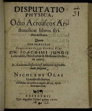 Disputatio Physica, Octo Acroaseos Aristotelicae libros strictim delibans