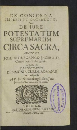 De Concordia Imperii Et Sacerdotii Sive De Jure Potestatum Supremarum Circa Sacra