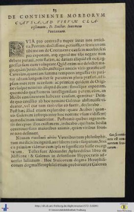 De Continente Morborum Causa, Ad Virum Clarißimum, D. Doctor. Ioannem Pontanum.
