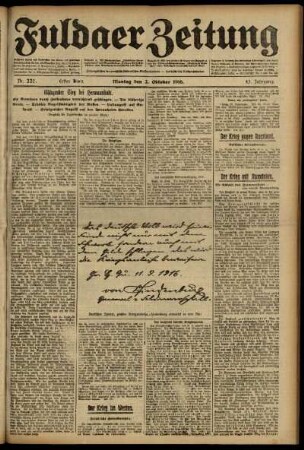 Erste Ausgabe vom Montag, den 02. Oktober 1916.
