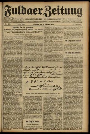 Erste Ausgabe vom Montag, den 02. Oktober 1916.