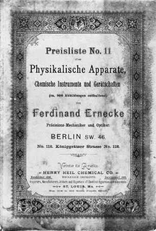 Preisliste No. 11 über Physikalische Apparate, Chemische Instrumente und Gerätschaften