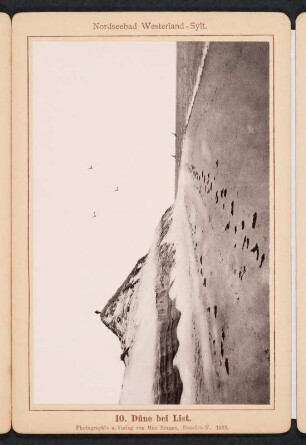 Albumseite mit Ansicht einer Düne bei List : Erinnerung an Sylt. Leporello mit Landschafts- und Architekturaufnahmen. Leineneinband, beschichtet und bedruckt; 8 x 12 x 1,6 cm (1892; Verlag Max Braune). Dresden: SLUB/DF 2006.A.435