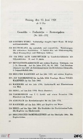 B. Gemälde – Farbstiche – Erstausgaben (Nr. 223-273)