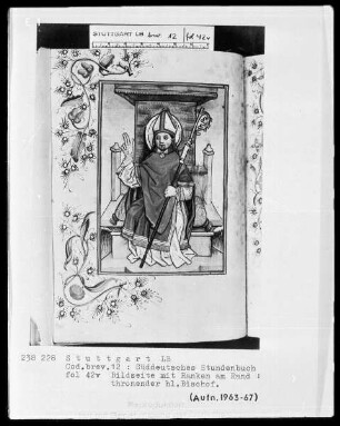 Deutsches Gebetbuch (Waldburg-Gebetbuch) — Thronender heiliger Bischof, Folio 42verso