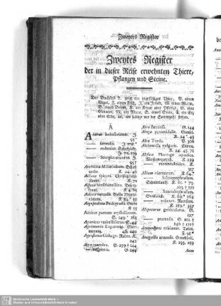 Zweytes Register der in dieser Reise erwehnten Thiere, Pflanzen und Steine