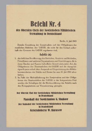 "Befehl Nr. 4 des Obersten Chefs der Sowjetischen Militärischen Verwaltung in Deutschland"