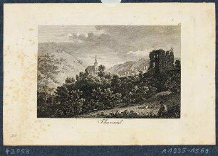Tharandt, Ansicht der Burgruine und der Berg- und Stadtkirche mit Schäfer