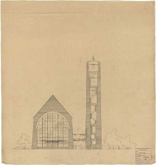 Schneider - Esleben, Paul; Düsseldorf, Max-Brandts-Str. 3; St. Bonifatius, Wiederaufbau und Erweiterung - Hauptfassade und Glockenturm (Ansicht)