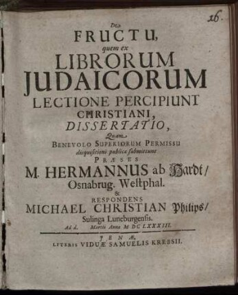 De Fructu, quem ex Librorum Judaicorum Lectione Percipiunt Christiani, Dissertatio