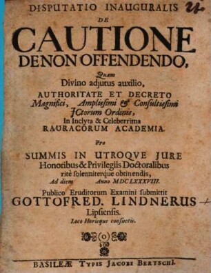 Disputatio Inauguralis De Cautione De Non Offendendo