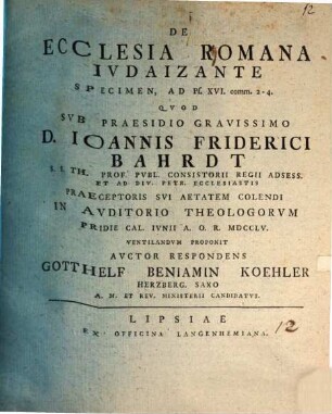 De ecclesia Romana iudaizante specimen ad Ps. XVI, 2 - 4