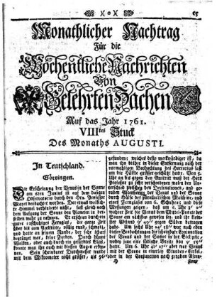Monathlicher Nachtrag [...] VIIItes Stuck Des Monaths Augusti
