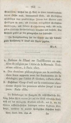 765-806 [Rezension] Lamennais, Félicité Robert de, Défense de l'essai sur l'indifférence en matière de religion