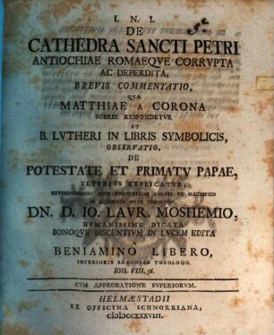De cathedra Sancti Petri Antiochiae Romaeque corrupta ac deperdita commentatio brevis