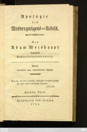 Zweyter Theil: Apologie des Misvergnügens und Uebels