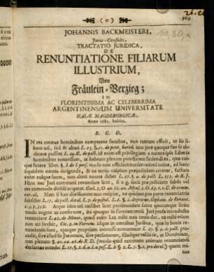 969-989, Johannis Backmeisteri, Juris-Consulti, Tratatio Juridica, de Renuntiatione Filiarum Illustrum,...