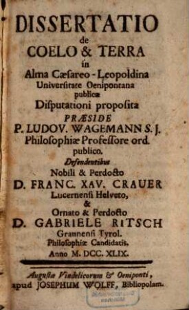 Diss. de coelo et terra