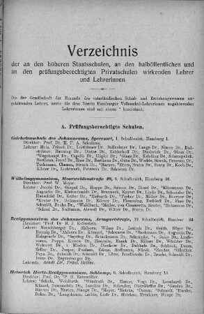 Verzeichnis der an den höheren Staatsschulen, an den halböffentlichen und an den prüfungsberechtigten Privatschulen wirkenden Lehrer und Lehrerinnen.