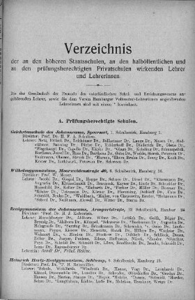 Verzeichnis der an den höheren Staatsschulen, an den halböffentlichen und an den prüfungsberechtigten Privatschulen wirkenden Lehrer und Lehrerinnen.