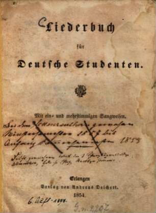 Liederbuch für deutsche Studenten : mit ein- und mehrstimmigen Sangweisen