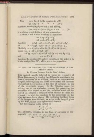VII. On the lines of curvature of surfaces of the second order.