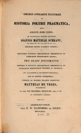 Specimen literarium inaugurale de Historia Polybii pragmatica