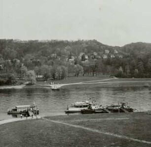Zschieren, Elbe : Dresden-Zschieren. Anlegestelle der Elbfähre (Pillnitzer Gierfähre) Kleinzschachwitz-Pillnitz. Blick vom Turm des Wohnhauses Berthold-Haupt-Straße 140, nach Nordosten gegen Dresden-Pillnitz (mit Personenfähre Kleinzschachwitz)